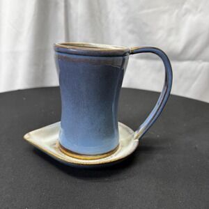 LTD Commodities Blue Brown Glazed Attached Mug & Saucer Combo Stoneware 6" Tall